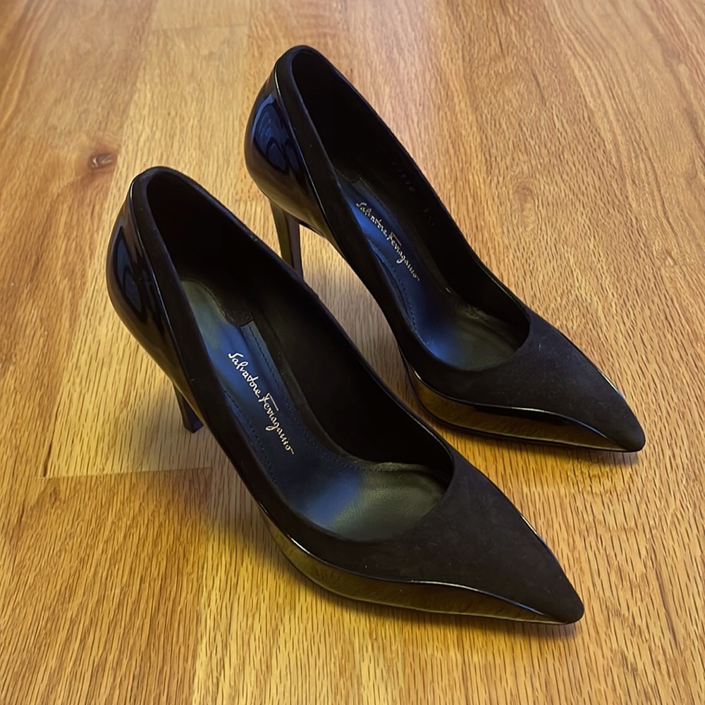 Salvatore Ferragamo black suede and patent leather heels size 5.5
